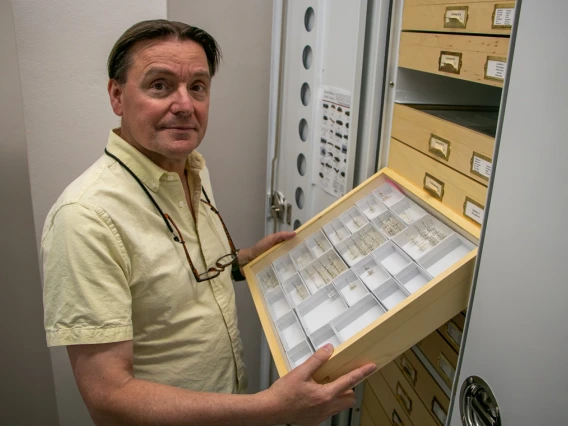 Gene Hall holds specimen collection in the UAIC