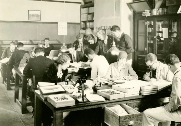 An instructor in Agriculture lectures while students at lab benchs study specimen